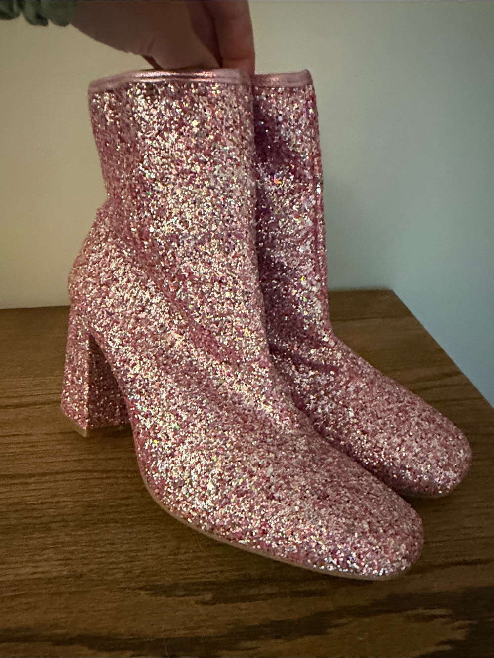 Sparkling Pink Glitter Block Heel Ankle Boots